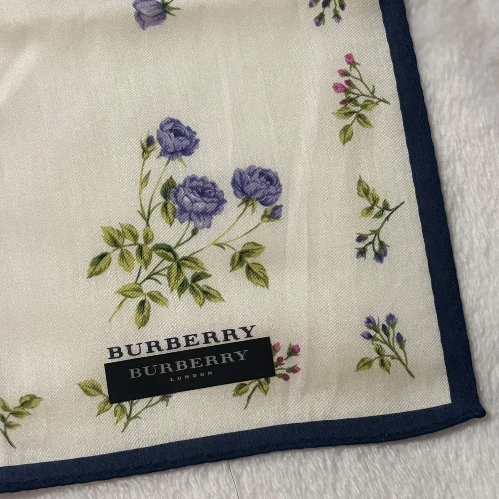 BURBERRY Scarf Handkerchief Floral Cotton Cream Purple 19.5in